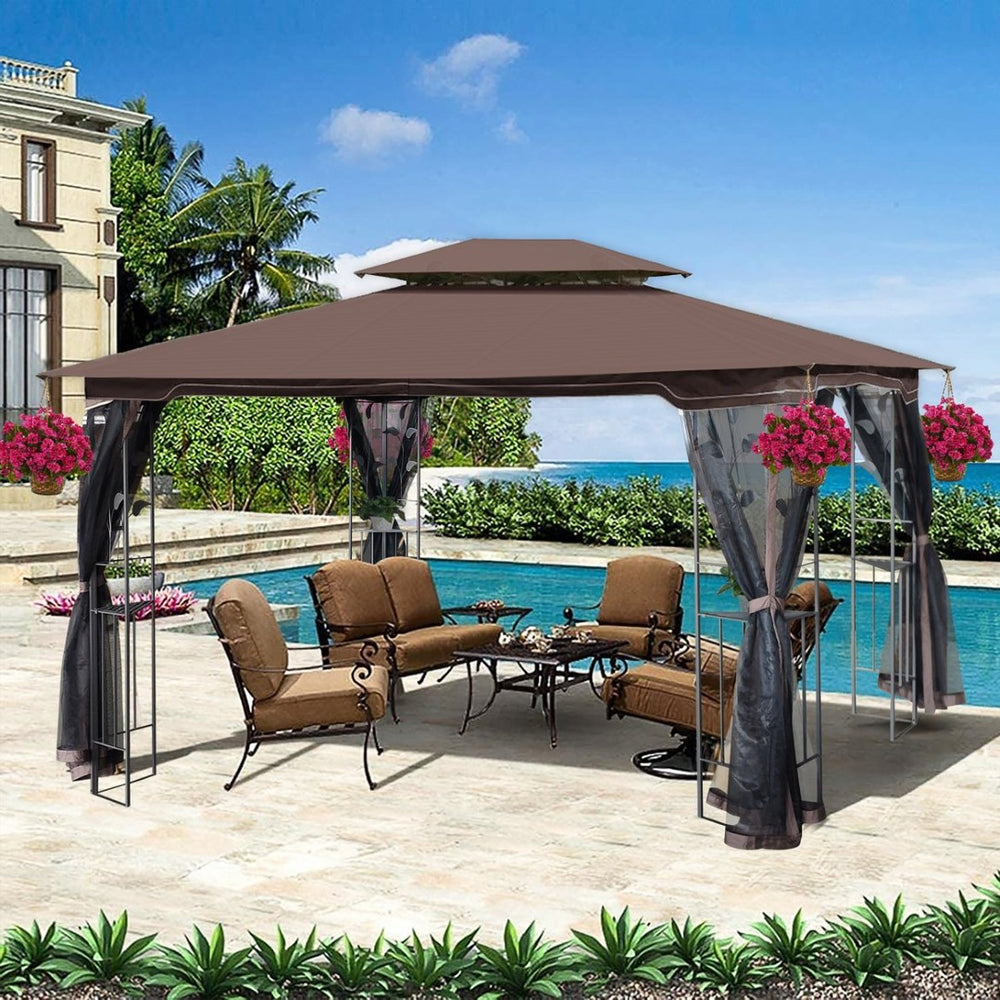English Elm 13x10 Steel Frame Outdoor Gazebo with Double Roof Ventilation and Mesh Net Panels W41942173
