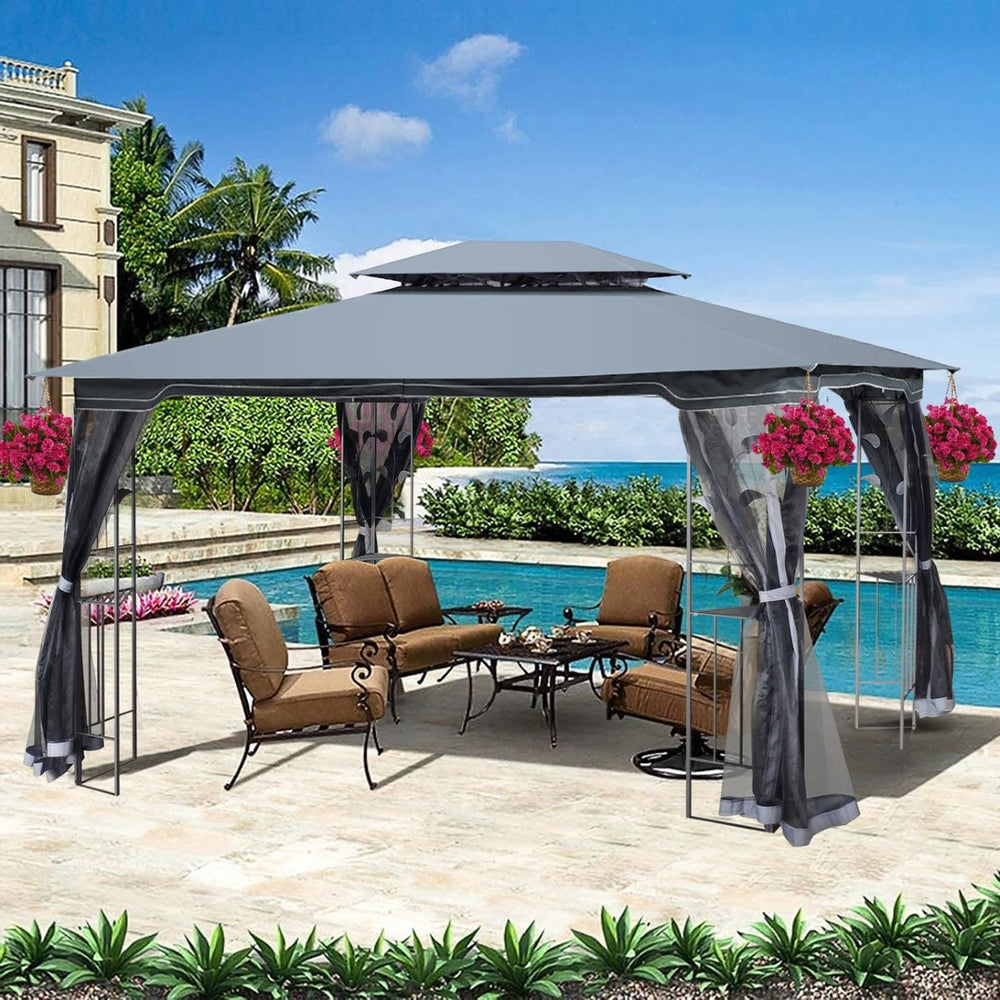 English Elm 13x10 Steel Frame Outdoor Gazebo with Double Roof Ventilation and Mesh Net Panels W41942174