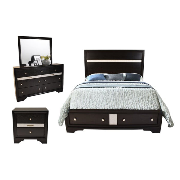 English Elm Traditional King 4-Piece Storage Bedroom Set in Black Engineered Wood with Headboard, Drawers, Dresser, Mirror, Nightstand (Elegant Durable Design) 808857543516