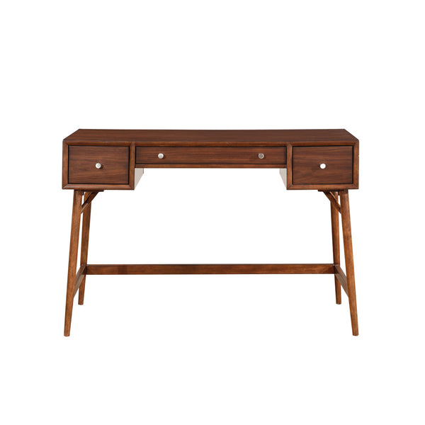 English Elm Modern Counter Height Writing Desk with Walnut Veneer, Brown Finish, Nickel Knobs, 3 Drawers, Mid-Century Flair for Home Office B01146476