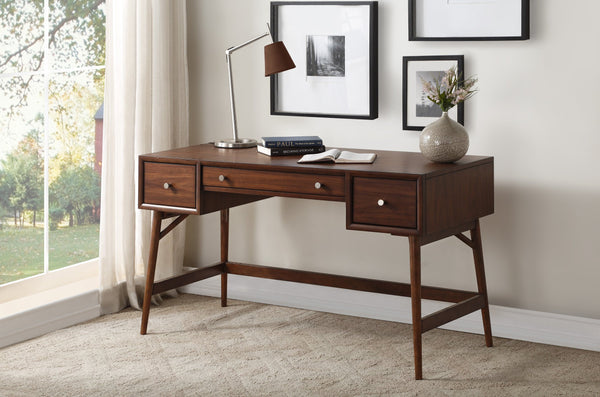 English Elm Brown Mid-Century Writing Desk with Walnut Veneer, Nickel Knobs, 3 Drawers for Home Office Stylish Workstation B01146475