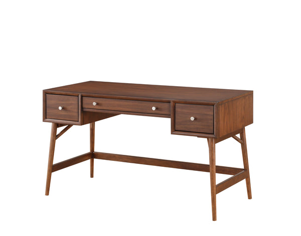 English Elm Brown Mid-Century Writing Desk with Walnut Veneer, Nickel Knobs, 3 Drawers for Home Office Stylish Workstation B01146475