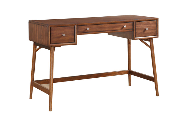 English Elm Modern Counter Height Writing Desk with Walnut Veneer, Brown Finish, Nickel Knobs, 3 Drawers, Mid-Century Flair for Home Office B01146476