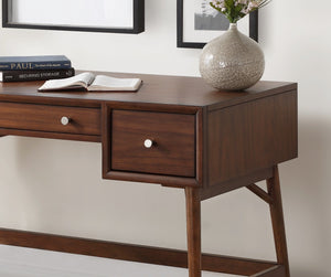 English Elm Brown Mid-Century Writing Desk with Walnut Veneer, Nickel Knobs, 3 Drawers for Home Office Stylish Workstation B01146475