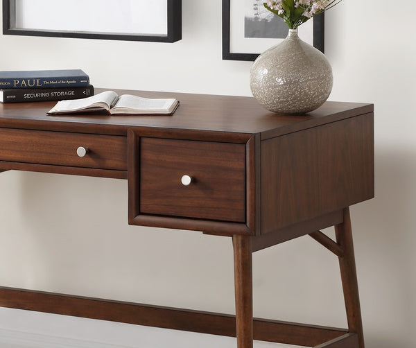English Elm Brown Mid-Century Writing Desk with Walnut Veneer, Nickel Knobs, 3 Drawers for Home Office Stylish Workstation B01146475