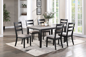 English Elm Rustic Solid Wood 7pc Dining Set 60" Table with Ladder-Back Cushioned Chairs & Bench, Charcoal Sand Finish B01146564