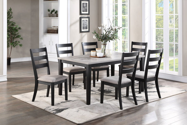 English Elm Rustic Solid Wood 7pc Dining Set 60" Table with Ladder-Back Cushioned Chairs & Bench, Charcoal Sand Finish B01146564
