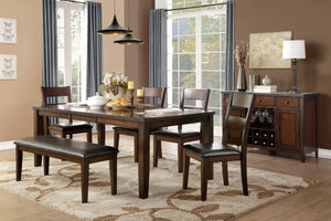 English Elm Cherry Finish 6-Piece Dining Set With Draw Leaf Table, Bench & Faux Leather Upholstered Chairs B011S00571