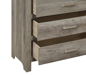 English Elm Transitional Weathered Gray Chest with 5 Drawers – Rusticated Faux Wood Veneer, Satin Nickel Handles, 33.5x16.5x50.5" B01146548