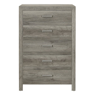 English Elm Transitional Weathered Gray Chest with 5 Drawers – Rusticated Faux Wood Veneer, Satin Nickel Handles, 33.5x16.5x50.5" B01146548