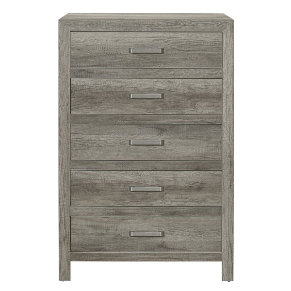 English Elm Transitional Weathered Gray Chest with 5 Drawers – Rusticated Faux Wood Veneer, Satin Nickel Handles, 33.5x16.5x50.5" B01146548