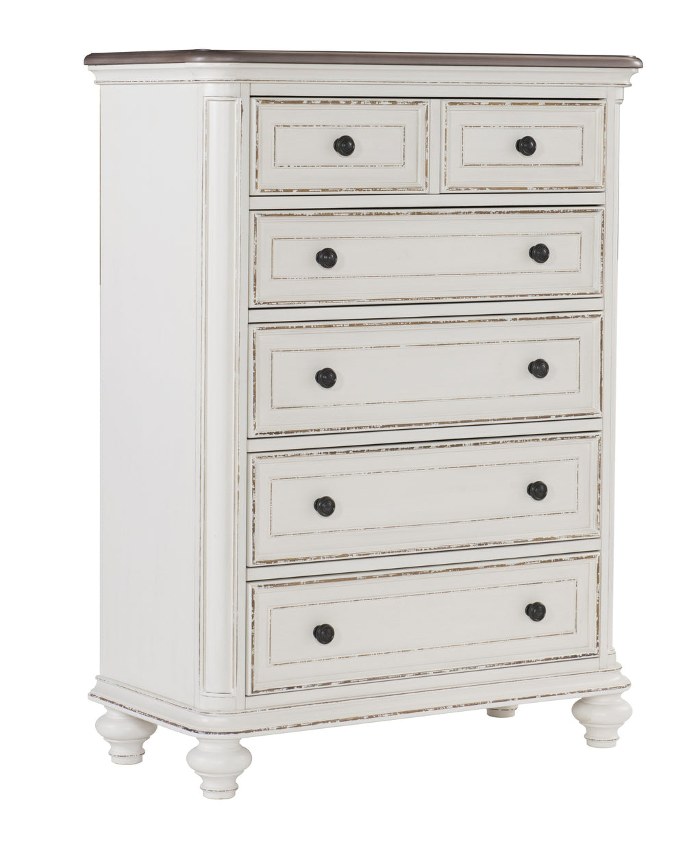 English Elm Traditional Baylesford Chest of Drawers Antique White Rub-Through Finish with Brown-Gray Top, Dark Knobs B01146549