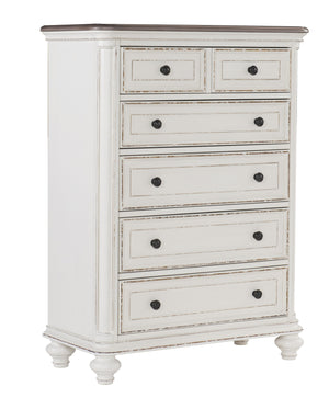 English Elm Traditional Baylesford Chest of Drawers Antique White Rub-Through Finish with Brown-Gray Top, Dark Knobs B01146549