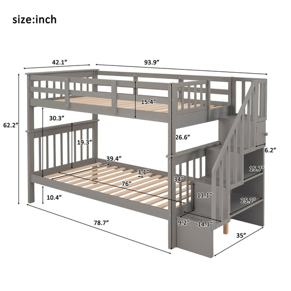 English Elm Stairway Twin Over Bunk Bed with Stair Storage and Full Length Guard Rail LT000109AAE