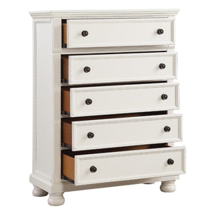 English Elm Casual White Five Drawer Chest with Bronze Knobs Bun Feet for Bedroom Storage B01146547
