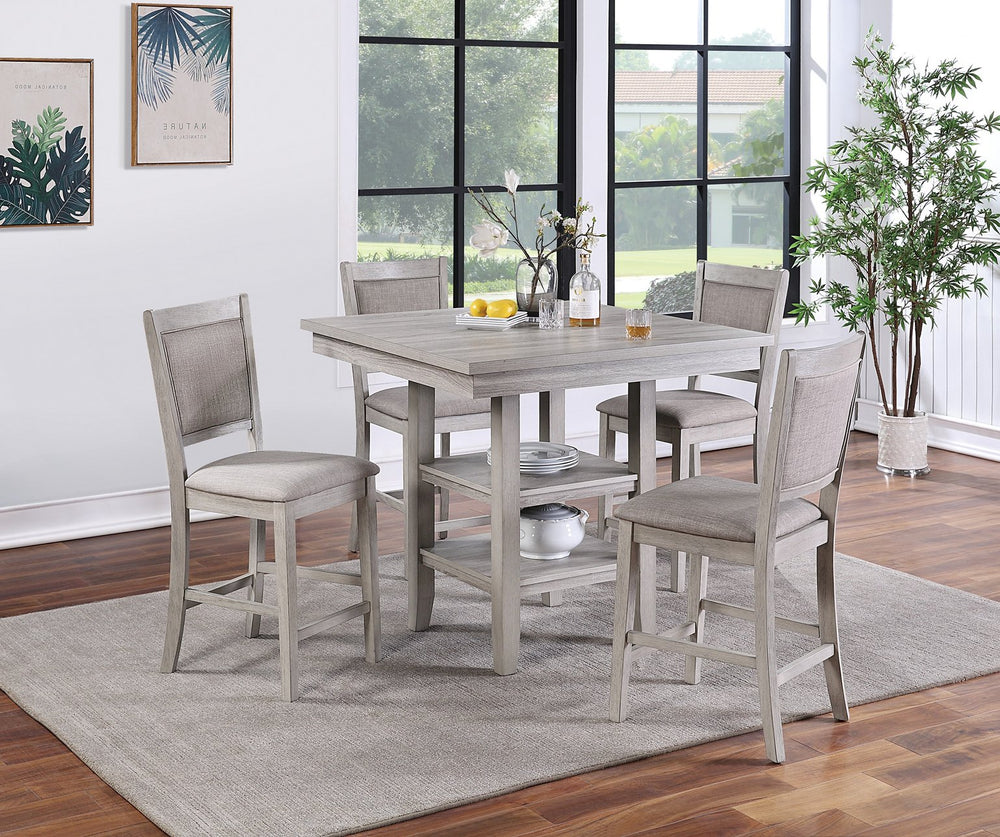 English Elm Dining Counter Height 5Pc Dining Set Square Table with Shelves Rustic Gray Cushioned Chairs Modern Chic B01146567