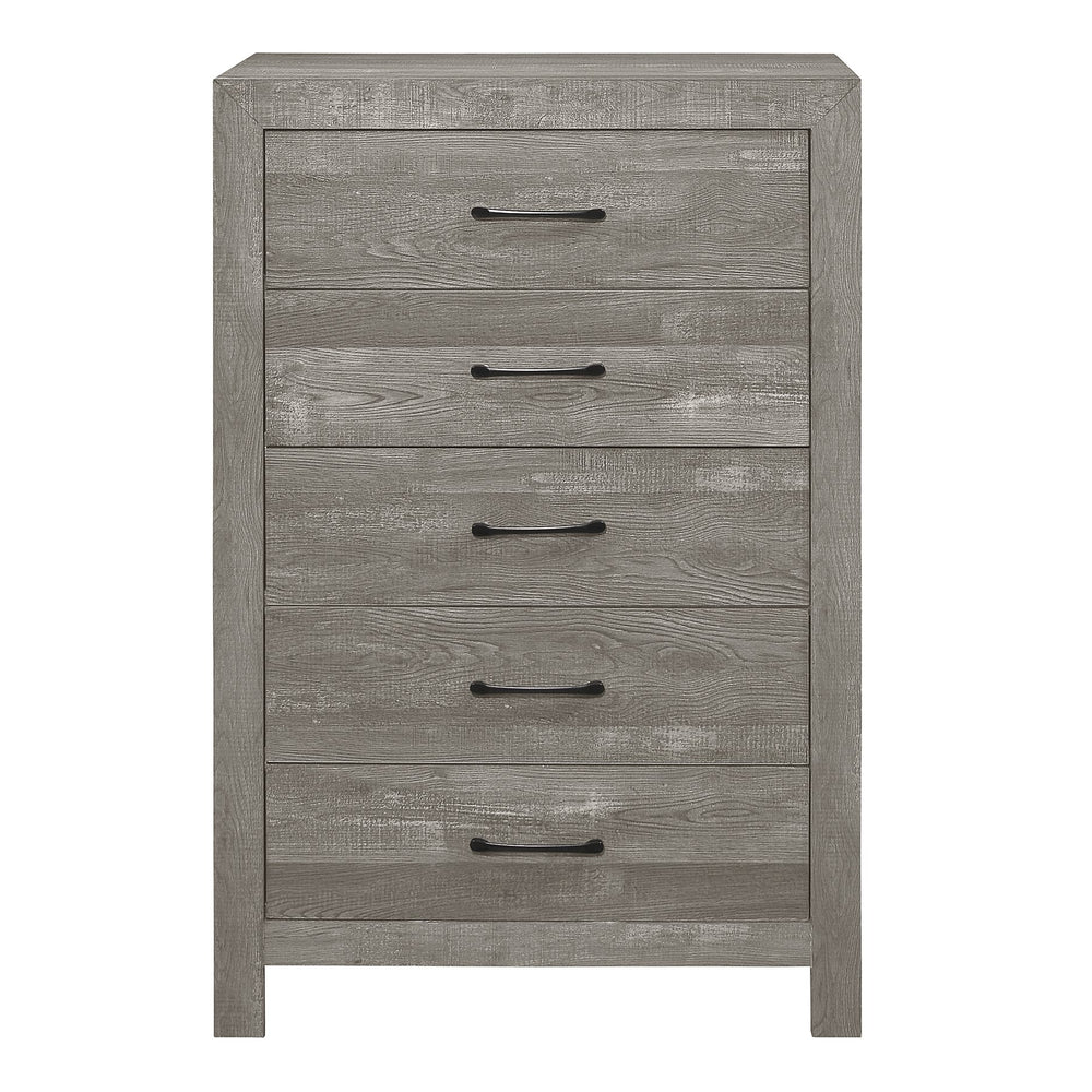 English Elm Rustic 5-Drawer Gray Chest with 3D Paper Veneer Texture, Black Metal Hardware, Modern Rustic Appeal B01146553