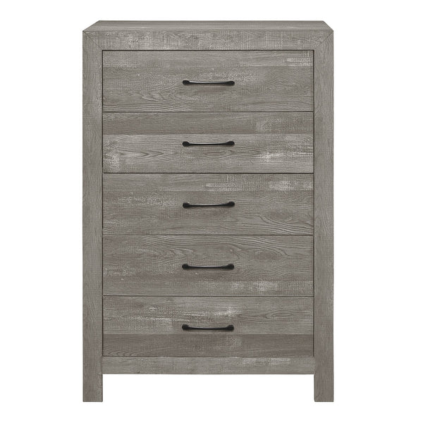 English Elm Rustic 5-Drawer Gray Chest with 3D Paper Veneer Texture, Black Metal Hardware, Modern Rustic Appeal B01146553