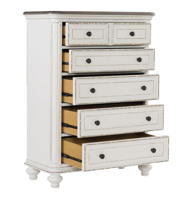 English Elm Traditional Baylesford Chest of Drawers Antique White Rub-Through Finish with Brown-Gray Top, Dark Knobs B01146549