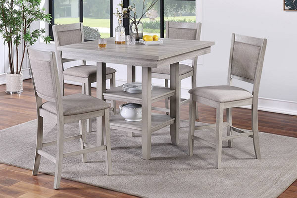 English Elm Dining Counter Height 5Pc Dining Set Square Table with Shelves Rustic Gray Cushioned Chairs Modern Chic B01146567