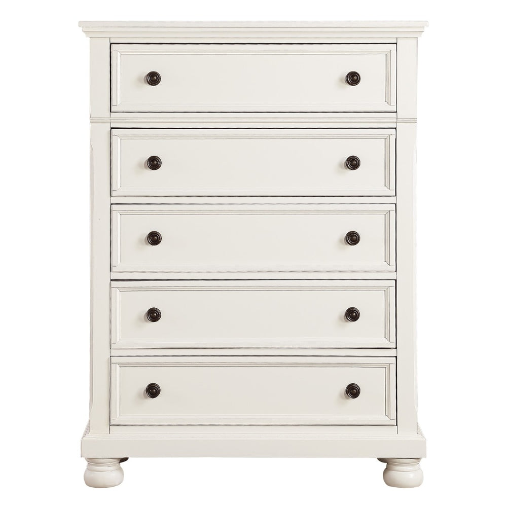 English Elm Casual White Five Drawer Chest with Bronze Knobs Bun Feet for Bedroom Storage B01146547