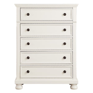 English Elm Casual White Five Drawer Chest with Bronze Knobs Bun Feet for Bedroom Storage B01146547