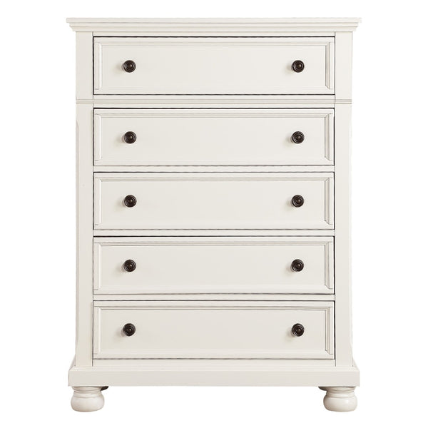 English Elm Casual White Five Drawer Chest with Bronze Knobs Bun Feet for Bedroom Storage B01146547