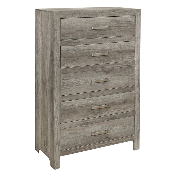 English Elm Transitional Weathered Gray Chest with 5 Drawers – Rusticated Faux Wood Veneer, Satin Nickel Handles, 33.5x16.5x50.5" B01146548