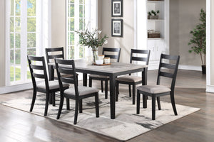 English Elm Rustic Solid Wood 7pc Dining Set 60" Table with Ladder-Back Cushioned Chairs & Bench, Charcoal Sand Finish B01146564