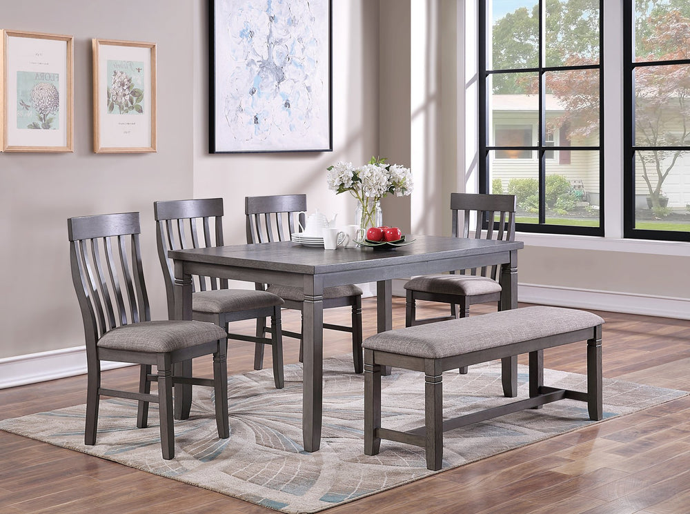English Elm Dining 6-Piece Dining Set Grey Finish with Cushioned Upholstered Chairs and Bench, Solid Wood Look, 60" Table, Contemporary Style B011S00097