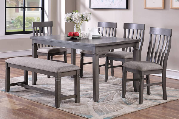 English Elm Dining 6-Piece Dining Set Grey Finish with Cushioned Upholstered Chairs and Bench, Solid Wood Look, 60" Table, Contemporary Style B011S00097