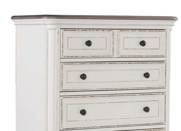 English Elm Traditional Baylesford Chest of Drawers Antique White Rub-Through Finish with Brown-Gray Top, Dark Knobs B01146549