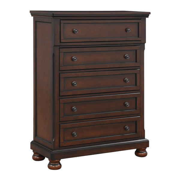 English Elm Transitional Chest of Five Drawers with Bun Feet, Brown Cherry Finish on Birch Veneer, 40"x18"x54" B01146551