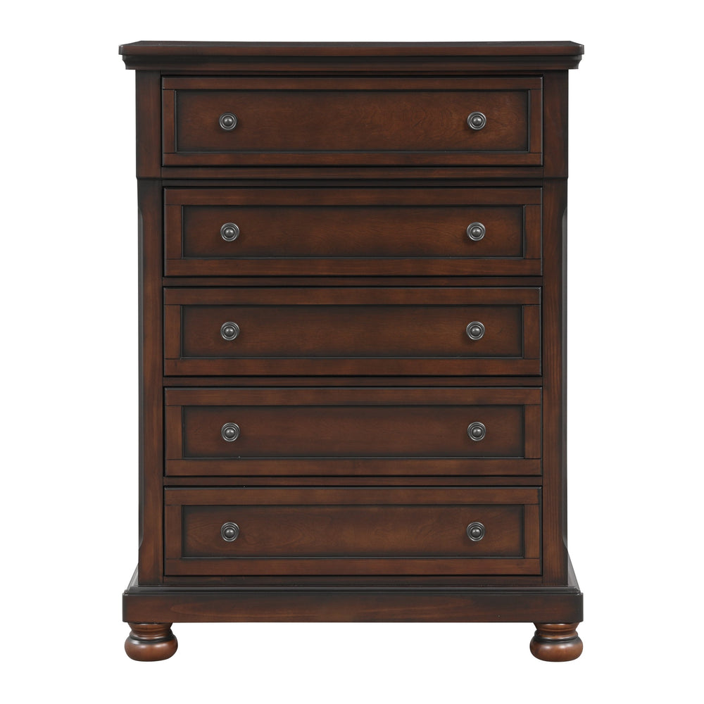 English Elm Transitional Chest of Five Drawers with Bun Feet, Brown Cherry Finish on Birch Veneer, 40"x18"x54" B01146551