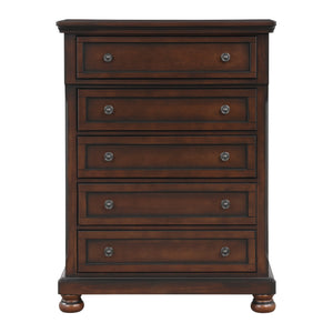 English Elm Transitional Chest of Five Drawers with Bun Feet, Brown Cherry Finish on Birch Veneer, 40"x18"x54" B01146551