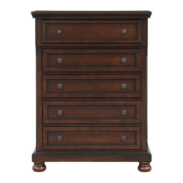 English Elm Transitional Chest of Five Drawers with Bun Feet, Brown Cherry Finish on Birch Veneer, 40"x18"x54" B01146551