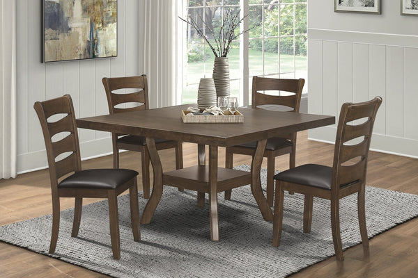 English Elm Transitional 5-Piece Dining Set With Self-Storing Leaf, 4 Side Chairs & Under-Table Shelf - Brown Finish B011S00210-GIGA
