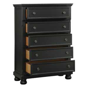 English Elm Casual Laurelin 5-Drawer Chest in Black Sand-Through Finish with Antiqued Bronze Knobs & Bun Feet B01146552