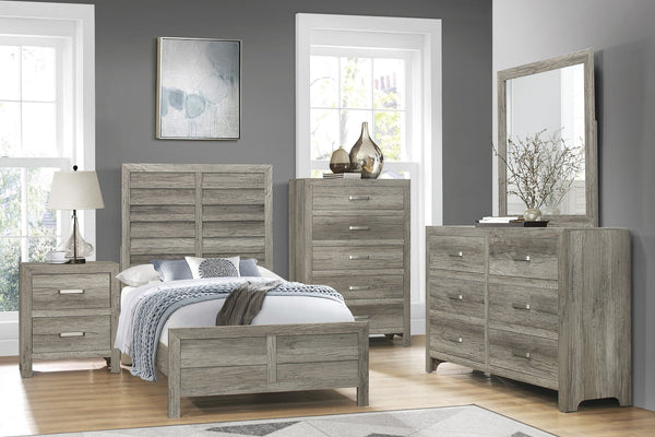 English Elm Transitional Weathered Gray Chest with 5 Drawers – Rusticated Faux Wood Veneer, Satin Nickel Handles, 33.5x16.5x50.5" B01146548