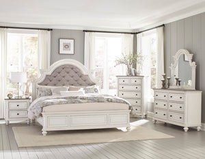 English Elm Antique Baylesford Queen Bed with Button-Tufted Dark Gray Fabric Headboard, Antique White Rub Finish, Romantic Bedroom Statement Piece B011S00185
