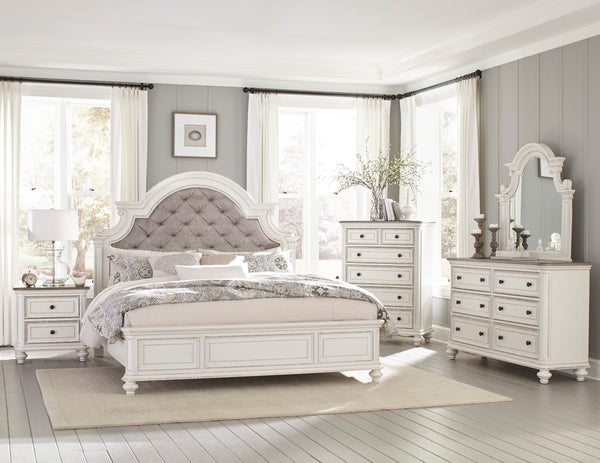 English Elm Antique Baylesford Queen Bed with Button-Tufted Dark Gray Fabric Headboard, Antique White Rub Finish, Romantic Bedroom Statement Piece B011S00185