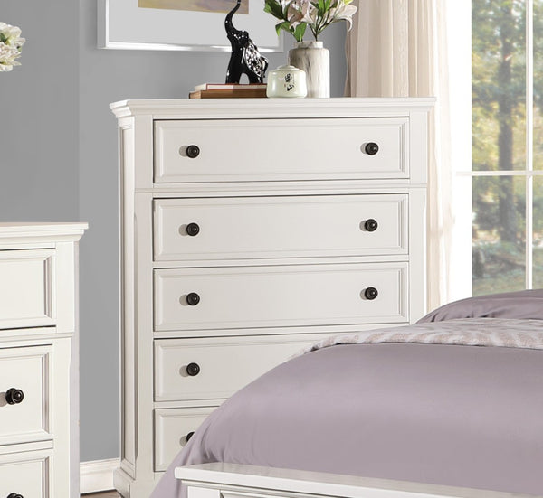 English Elm Casual White Five Drawer Chest with Bronze Knobs Bun Feet for Bedroom Storage B01146547