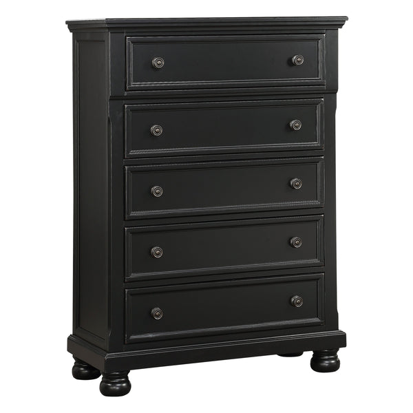 English Elm Casual Laurelin 5-Drawer Chest in Black Sand-Through Finish with Antiqued Bronze Knobs & Bun Feet B01146552