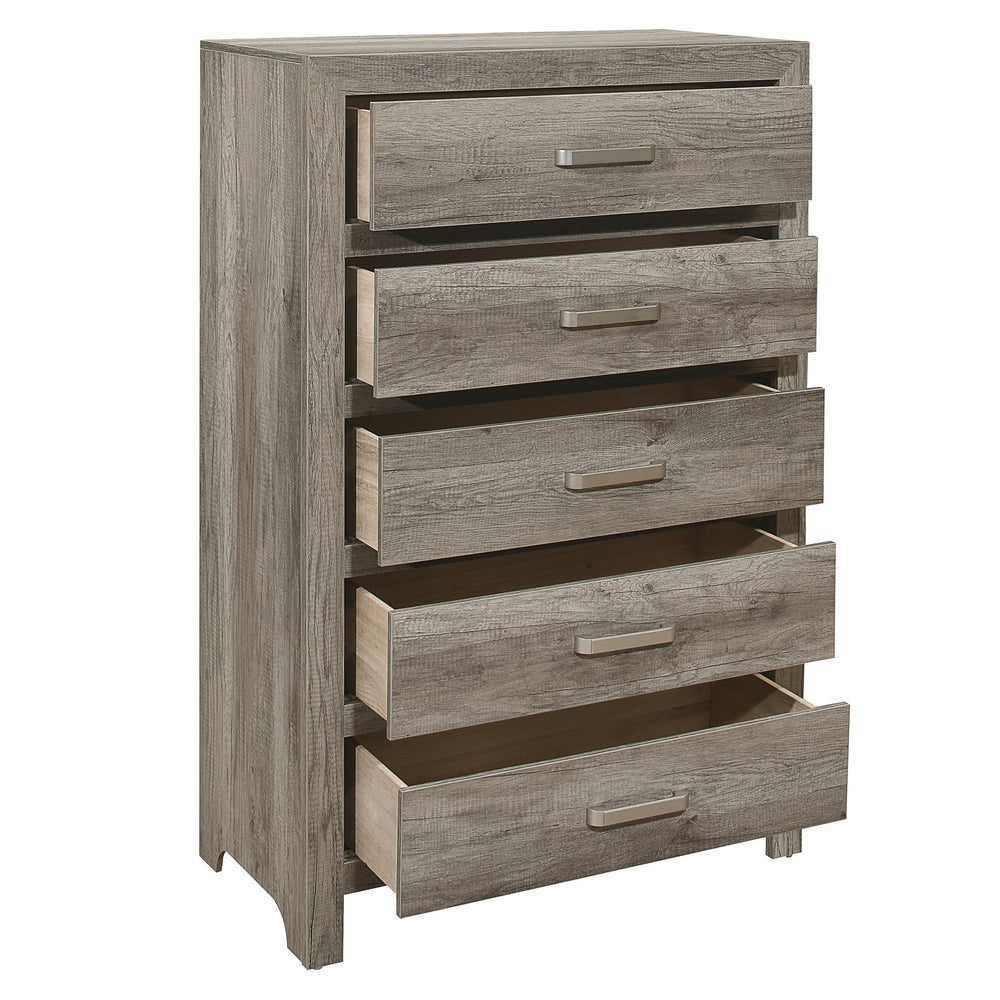 English Elm Transitional Weathered Gray Chest with 5 Drawers – Rusticated Faux Wood Veneer, Satin Nickel Handles, 33.5x16.5x50.5" B01146548