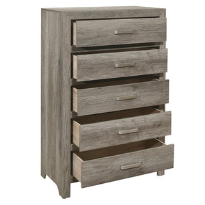 English Elm Transitional Weathered Gray Chest with 5 Drawers – Rusticated Faux Wood Veneer, Satin Nickel Handles, 33.5x16.5x50.5" B01146548