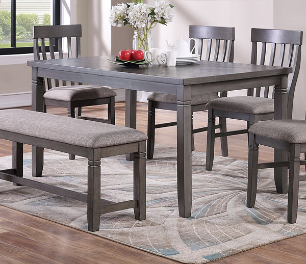 English Elm Dining 6-Piece Dining Set Grey Finish with Cushioned Upholstered Chairs and Bench, Solid Wood Look, 60" Table, Contemporary Style B011S00097