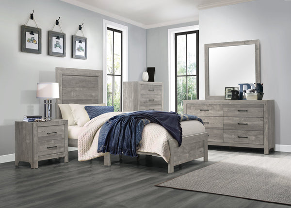 English Elm Rustic Full Size Panel Bed with Textured 3D Paper Veneer Finish, Modern Farmhouse Style Bedroom Gray 45.25 L x 33.5 W x 6.5 H B011P248599