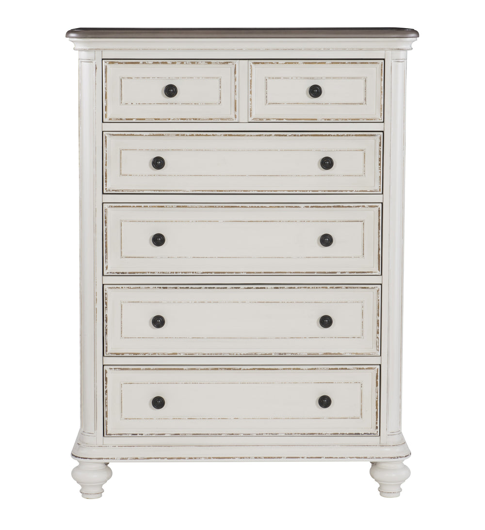 English Elm Traditional Baylesford Chest of Drawers Antique White Rub-Through Finish with Brown-Gray Top, Dark Knobs B01146549