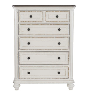 English Elm Traditional Baylesford Chest of Drawers Antique White Rub-Through Finish with Brown-Gray Top, Dark Knobs B01146549