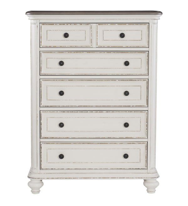 English Elm Traditional Baylesford Chest of Drawers Antique White Rub-Through Finish with Brown-Gray Top, Dark Knobs B01146549